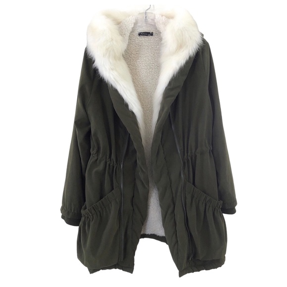 Roiii Womens Green Hooded Parka Coat Faux Fur Trim Sherpa Fleece Lining Zipper - Picture 9 of 16